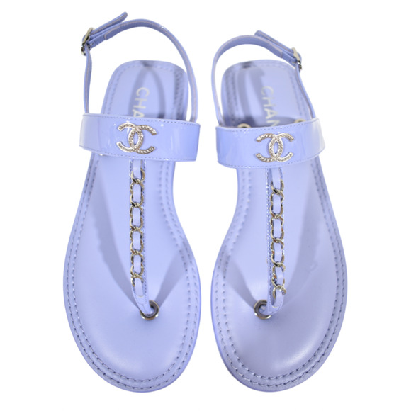 Chanel 22C Purple Patent Silver Chain CC Logo Mule Slide Flat Thong Sandal 37 - Picture 1 of 12